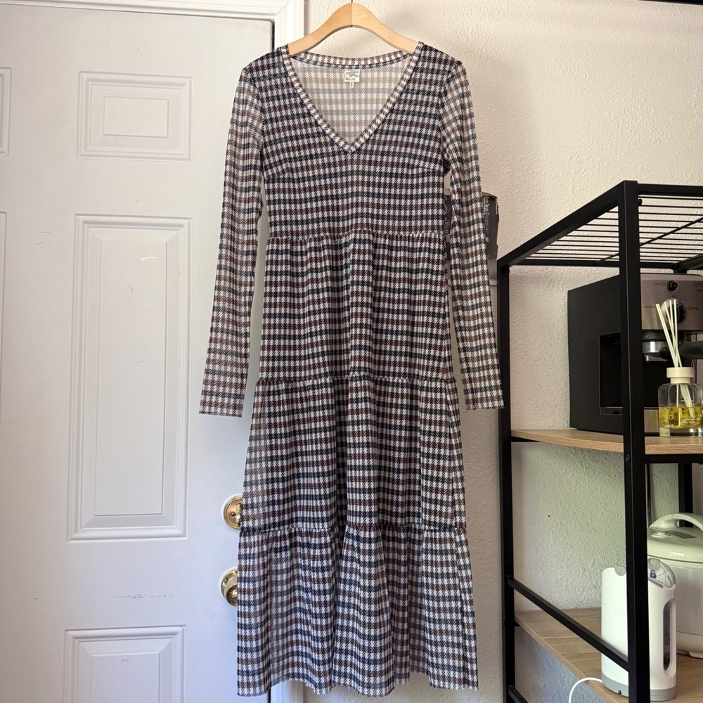 BAUM UND PFERDGARTEN multicolor houndstooth mesh sheer tiered midi dress